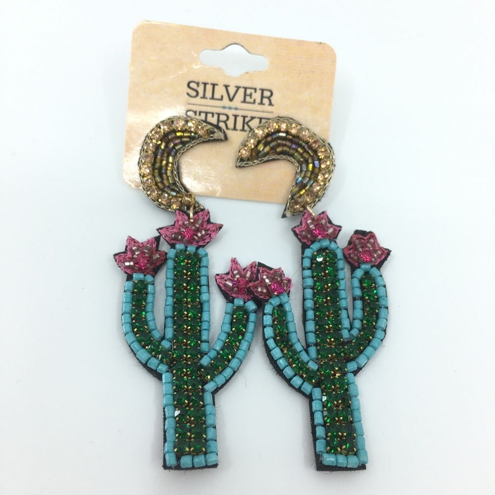 Boho Western Cactus Moon Beaded Earrings NEW Pierced by Silver Strike Cowgirl